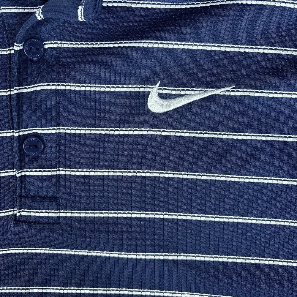 Nike Dri-FIT Polo Shirt Men's Small Navy Blue White Striped Golf Swoosh